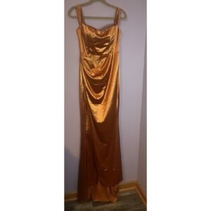 Love & Lemonade Orange Copper Satin Corset Slit Maxi Dress Formal Gown Large New